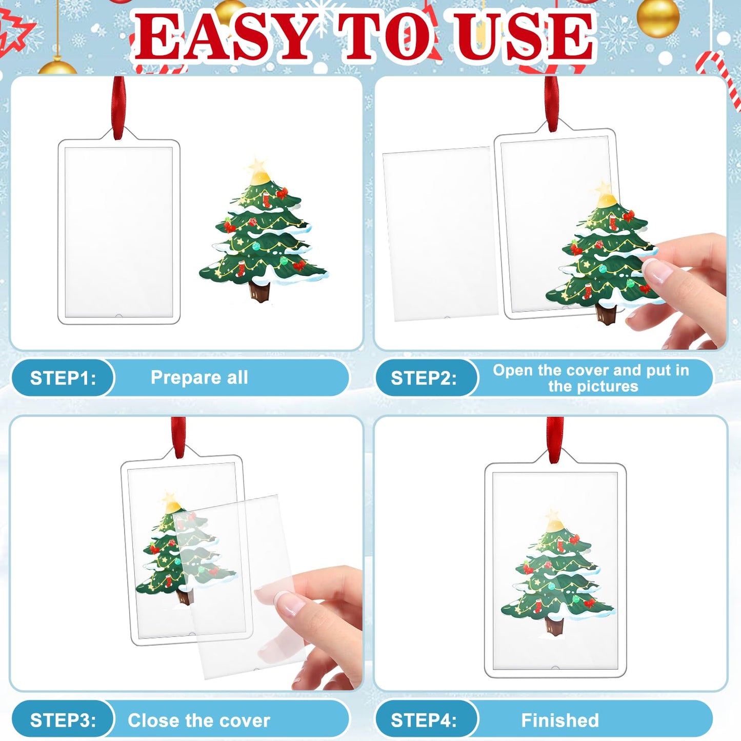 Tcevily 24 Pieces Christmas Clear Hanging Photo Frame Acrylic Picture Frames Ornament Mini Frames with Ribbon Xmas Picture Frame for Christmas Trees Decoration (24, Rectangle)