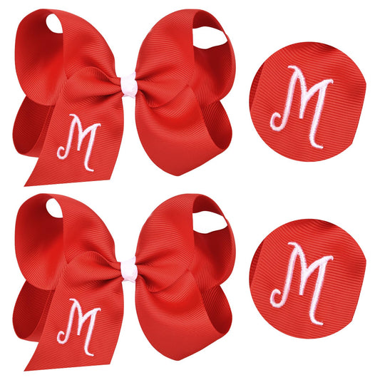 DEEKA Initial Hair Bows 2 PCS 6" Monogrammed Bows Grosgrain Ribbon Alligator Clips Personalized Hair Accessories for Toddlers Girls Little Kids - Red M