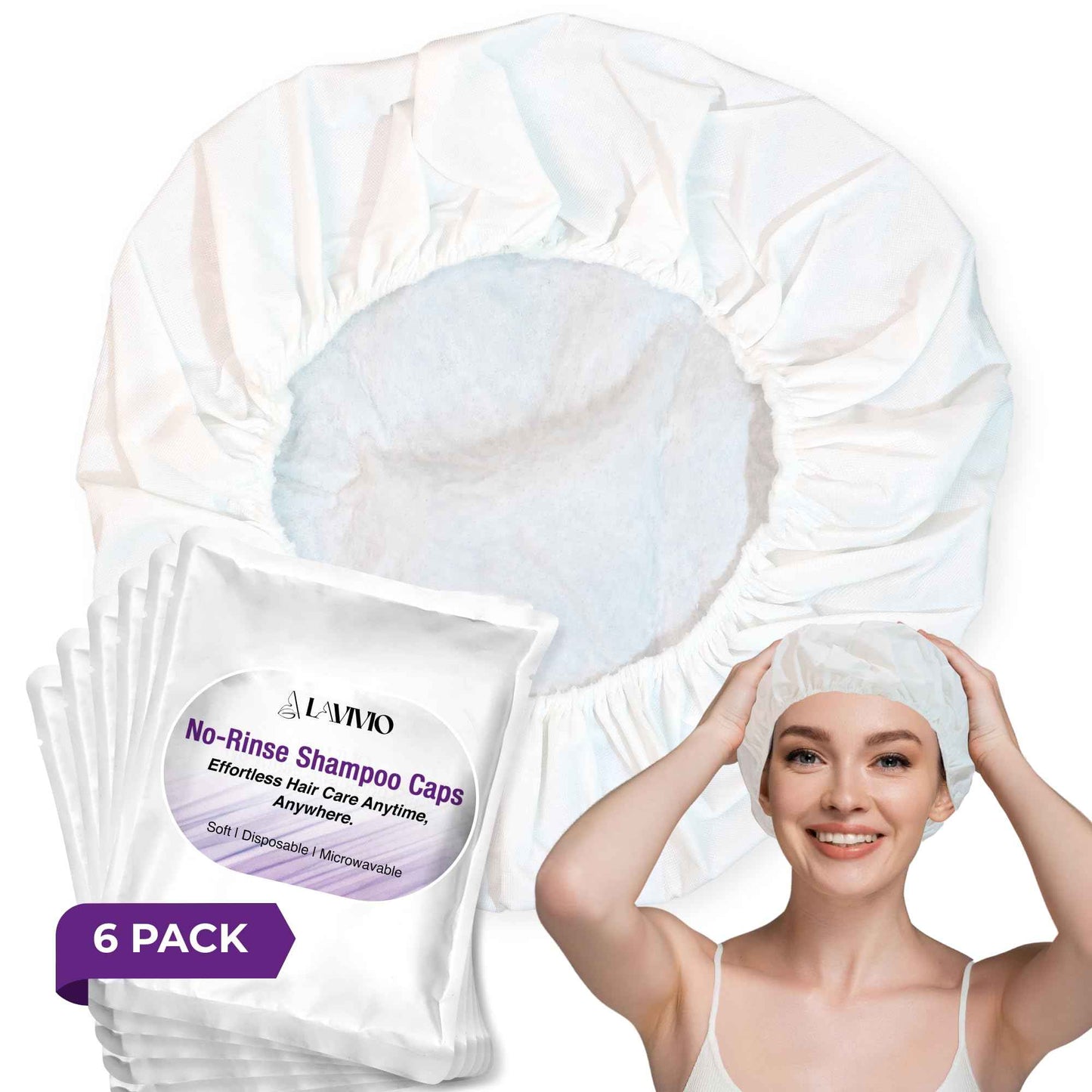 LAVIVIO No Rinse Shampoo Caps – Waterless Hair Washing Shower Caps for Bedridden Patients, Elderly & Hospital Use – Disposable Rinseless Conditioning Bathing Supplies with Aloe Vera, Vitamins - 6 Pack
