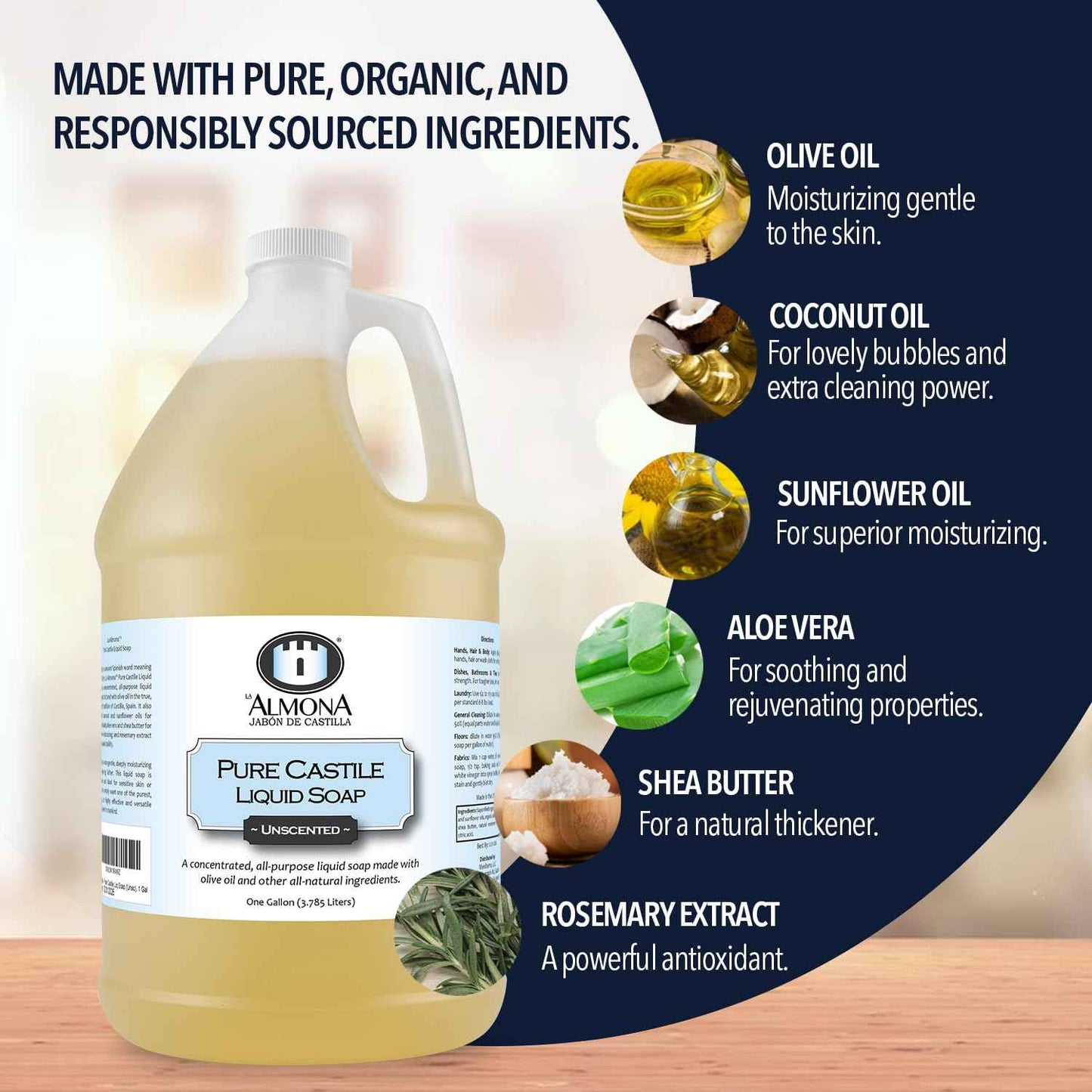 La Almona - Pure Castile Liquid Soap, UNSCENTED, 1 Gallon - Multipurpose: Hands, Face, Body, Laundry, Dishes & More - For Sensitive Skin, All-Natural Ingredients, Fragrance Free