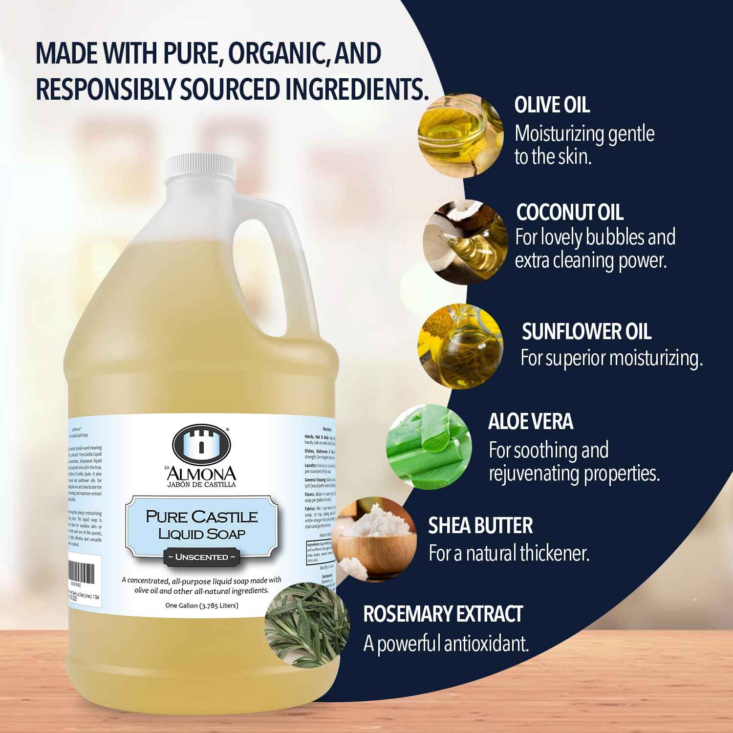 La Almona - Pure Castile Liquid Soap, UNSCENTED, 1 Gallon - Multipurpose: Hands, Face, Body, Laundry, Dishes & More - For Sensitive Skin, All-Natural Ingredients, Fragrance Free