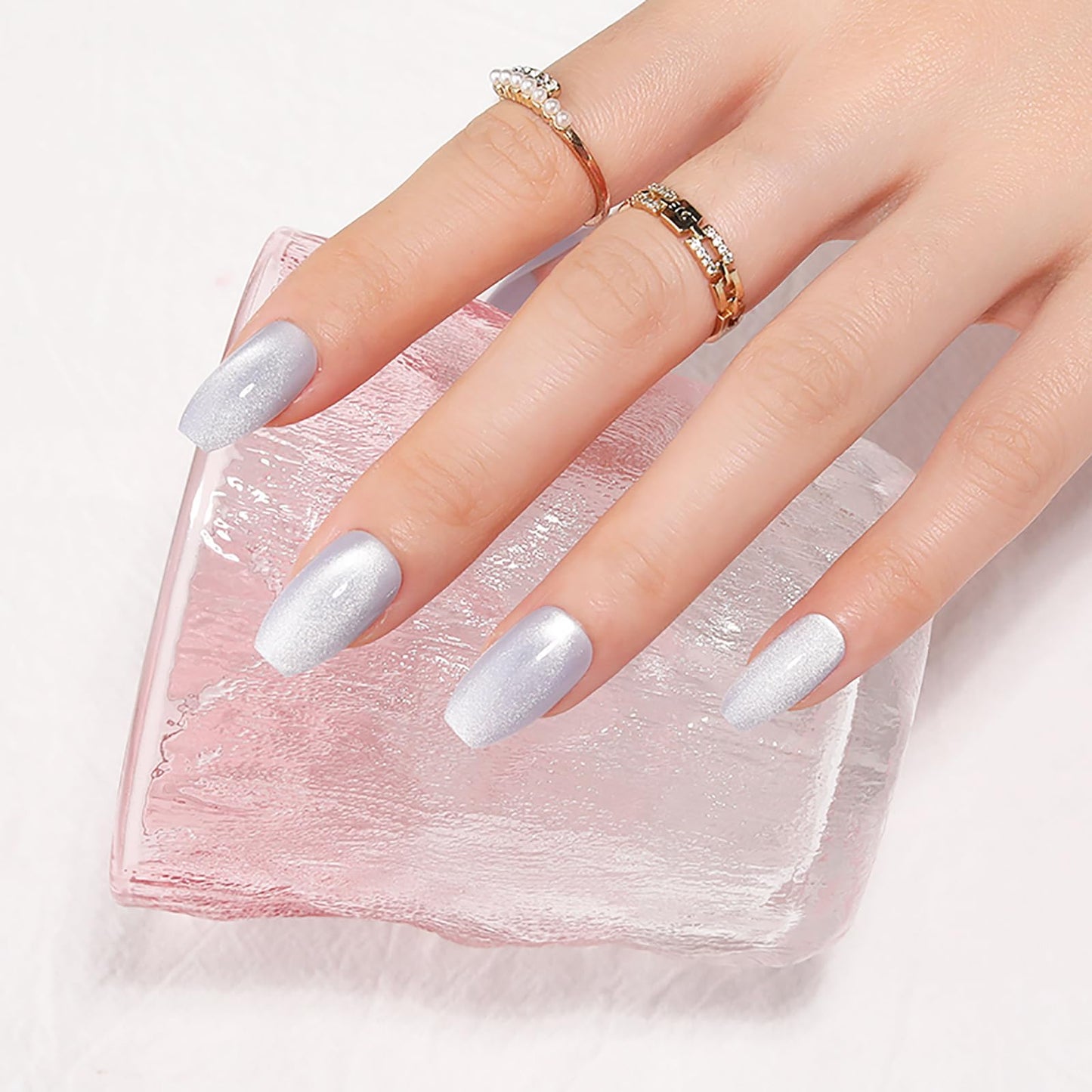 Handmade press on nails medium coffin fake nails gray white cat eye false nails with gradient & glitter designs glossy acrylic nails full cover stick on nails for women girls nail art decoration 24pcs