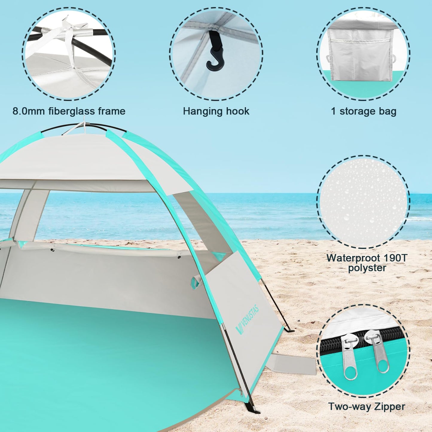 Venustas Beach Tent Sun Shelter for 3/4-5/6-7/8-10 Person, UPF 50+ UV Protection Beach Canopy, Lightweight and Easy Setup Cabana, Portable Beach Shade Tent