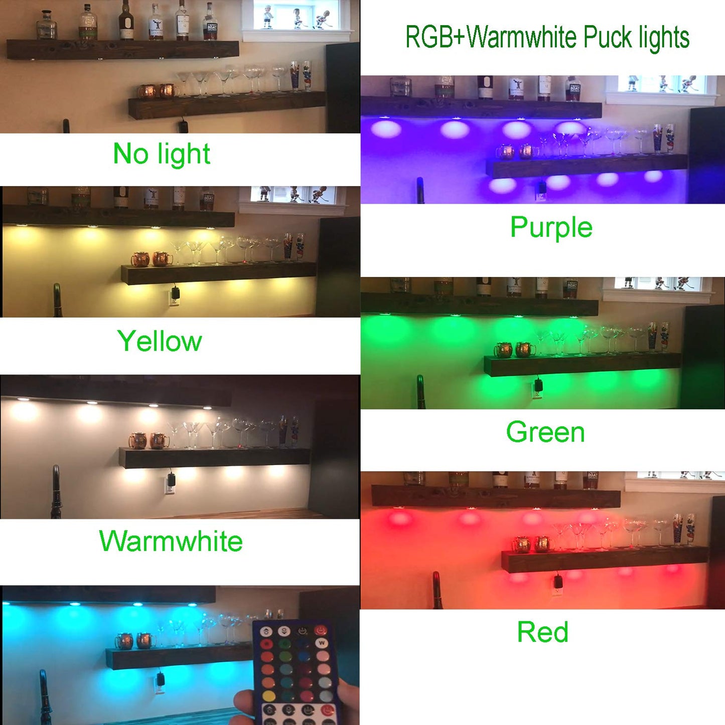 AIBOO RGBWW RGB + Warm White Color Changing Christmas Xmas Under Cabinet LED Lights Kit IR Remote Puck Lights for Kitchen Counter Shelf Furniture Ambiance Lighting (RGBWW, 4 Lights, 12W)