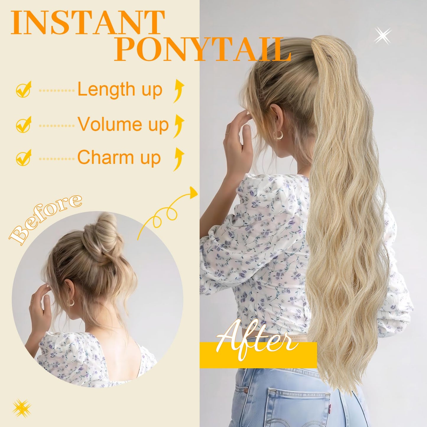 Cephermer Ponytail Extension 24'' Long Wavy Drawstring Pony Tails Hair Extension Ponytail Baby Blonde mix Bleach Blonde Synthetic Hairpiece for Women