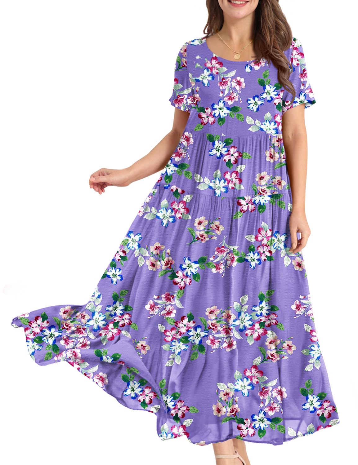 YESNO Women Casual Loose Bohemian Floral Dress with Pockets Short Sleeve Long Maxi Summer Beach Swing Dress S EJF CR374