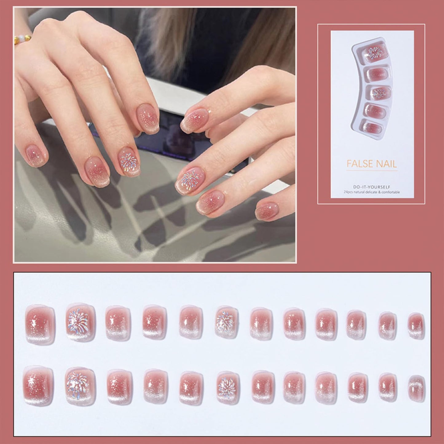 SINHOT Square Press on Nails Short Squoval Fake Nails Glossy Glue on Nails Pink Cat Eye Acrylic Nails Gold Glitter Arificial Nails Stick on False Nails with Fireworks Design 24 pcs