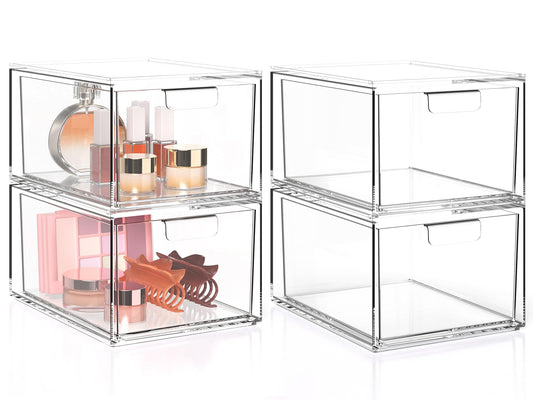 Makeup Organizer 4 Pack, Stackable Acrylic Drawer Box for Vanity, Bathroom Cabinet, Countertop, Under Sink, Desk and Pantry, Clear Plastic Storage Bins for Skincare and Medicine, Cosmetic Display Case