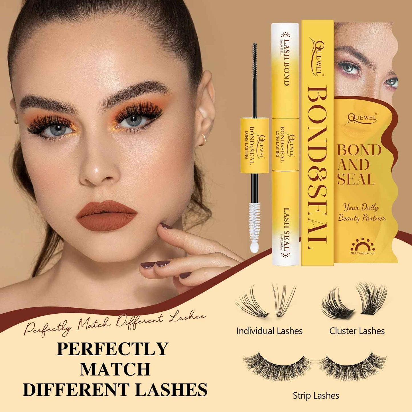 QUEWEL Lash Bond and Seal Lash Glue for Eyelash Clusters,12ml Super Strong Hold Lash Cluster Glue Bond and Seal Waterproof for DIY Lash Extensions Easy to Use at Home (6ml Black Bond+6ml Clear Seal)