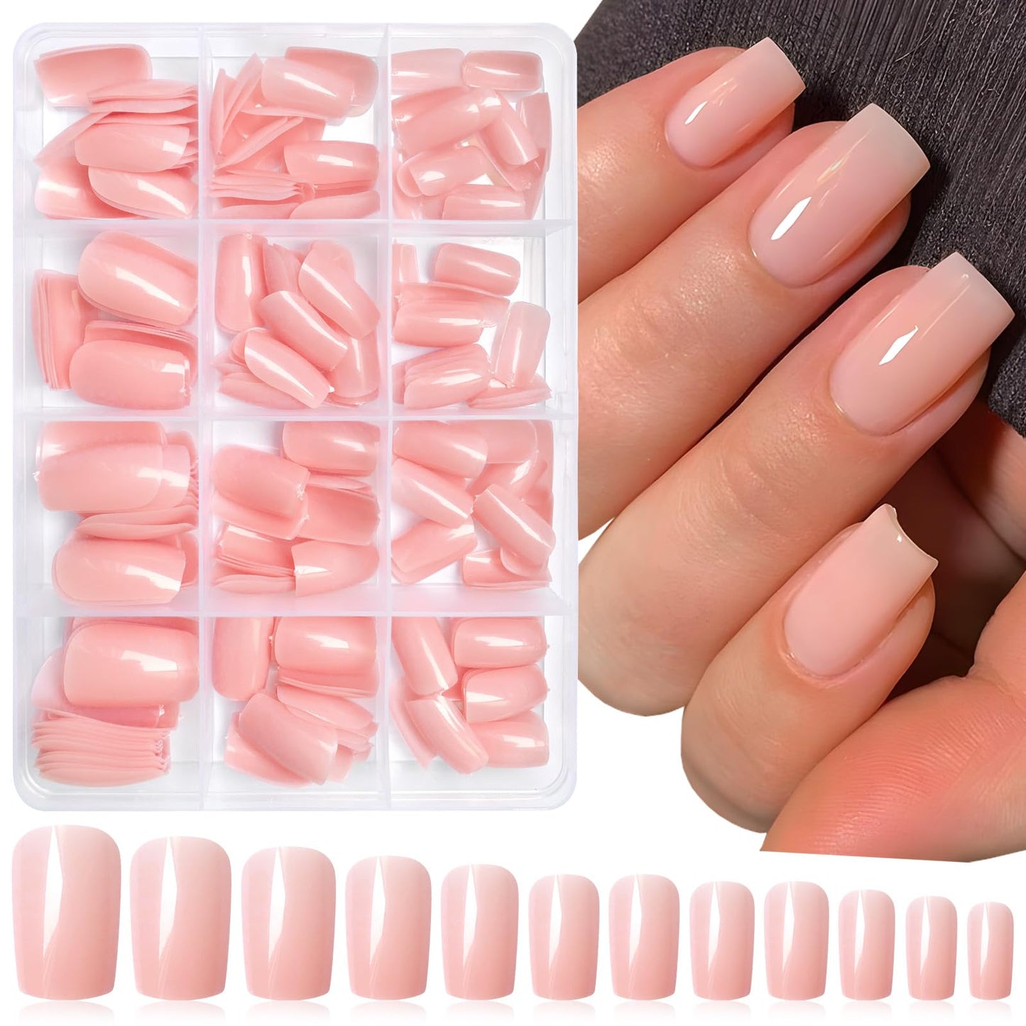 LoveOurHome 240pc Nude Pink Press on Nails Medium Square Fake Nails Press ons Square Nail Tips False Nails Colored Acrylic Nails Presson Artificial Fingernails & Glue Adhesive Tabs for Women Girls