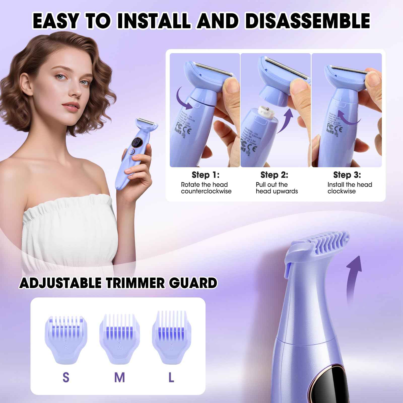 5 in 1 Bikini Trimmer for Women,IPX7 Waterproof Cordless Replaceable Pubic,Eyebrow,Facial Electric Razors&Nose Hair Trimmer&Painless Body Shaver for Arms Legs Underarms,USB Charge,LED Display,Wet&Dry
