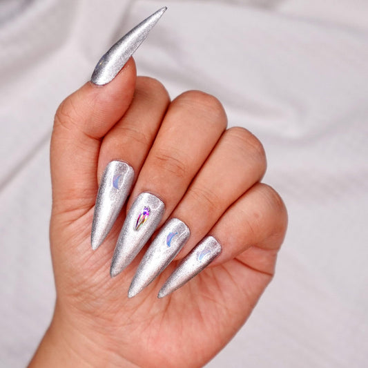 10 Pcs Handmade Press on Nails (X-Small, Silver Moon - Cool Silver Stiletto tips with Holo Moon and Holo Teardrop Stone Bling/Stiletto) A112XS