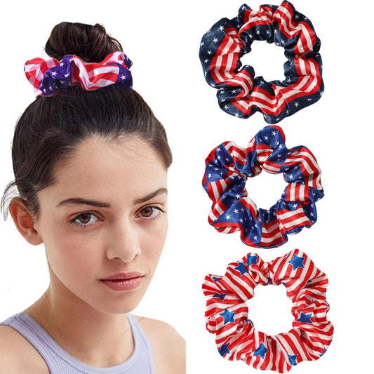 3PCS Patriotic Hair Scrunchies Independence Day Hair Ties American Flag Star Satin Hair Scrunchies 4th of July Scrunchies Elastic Silky Soft Hair Band Ponytail Holder for Women Girls(Style A)