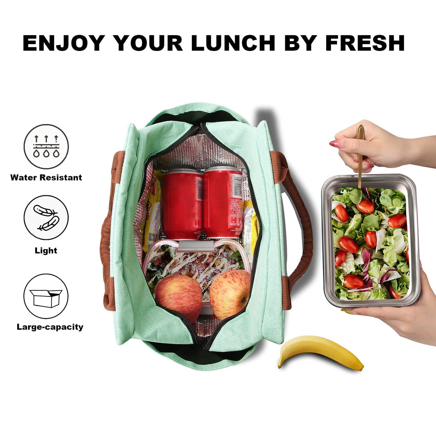 Joymee Lunch Bag Women Insulated Lunch Box Reusable Leakproof Large Spacious Tote for Women Men Adult with Bottle Holder and Side Pockets for Work Picnic Travel - Heather Teal