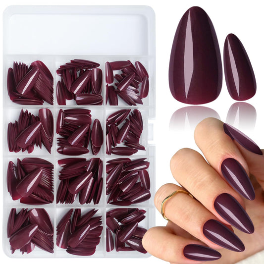 LoveOurHome 360pc Almond Press on Nails Medium Fake Nails Christmas Glue on Nail Tips Full Cover Almond False Nail Burgundy Acrylic Nails Press ons Nail Almond & Glue Adhesive Tabs for Women Girls