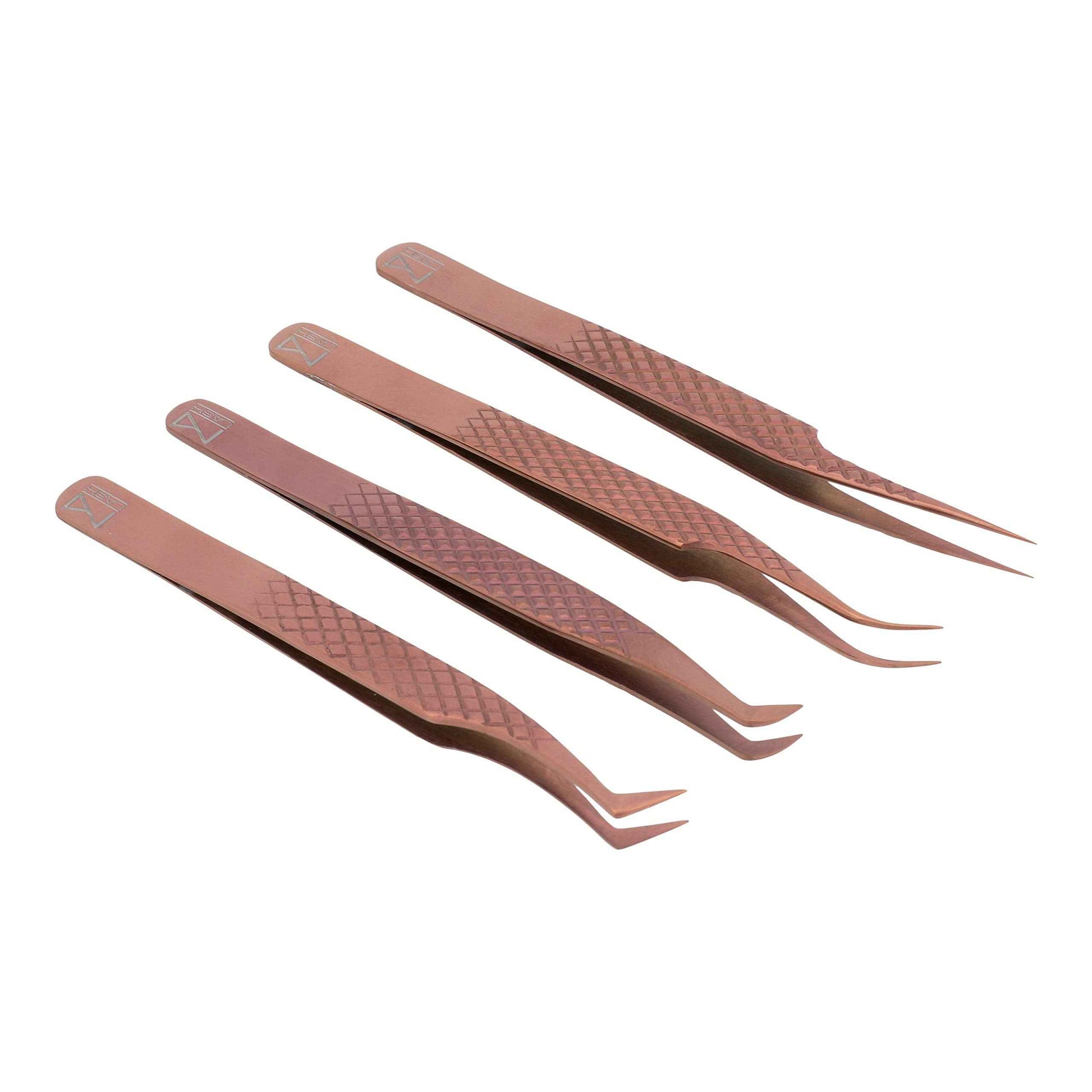 M LASH Eyelash Extension Tweezers (Set of 4) - Professional & Precision Lash Tweezers for Eyelash Extensions - Japanese Steel, Diamond Grip, Fiber Tip (Rose Gold)
