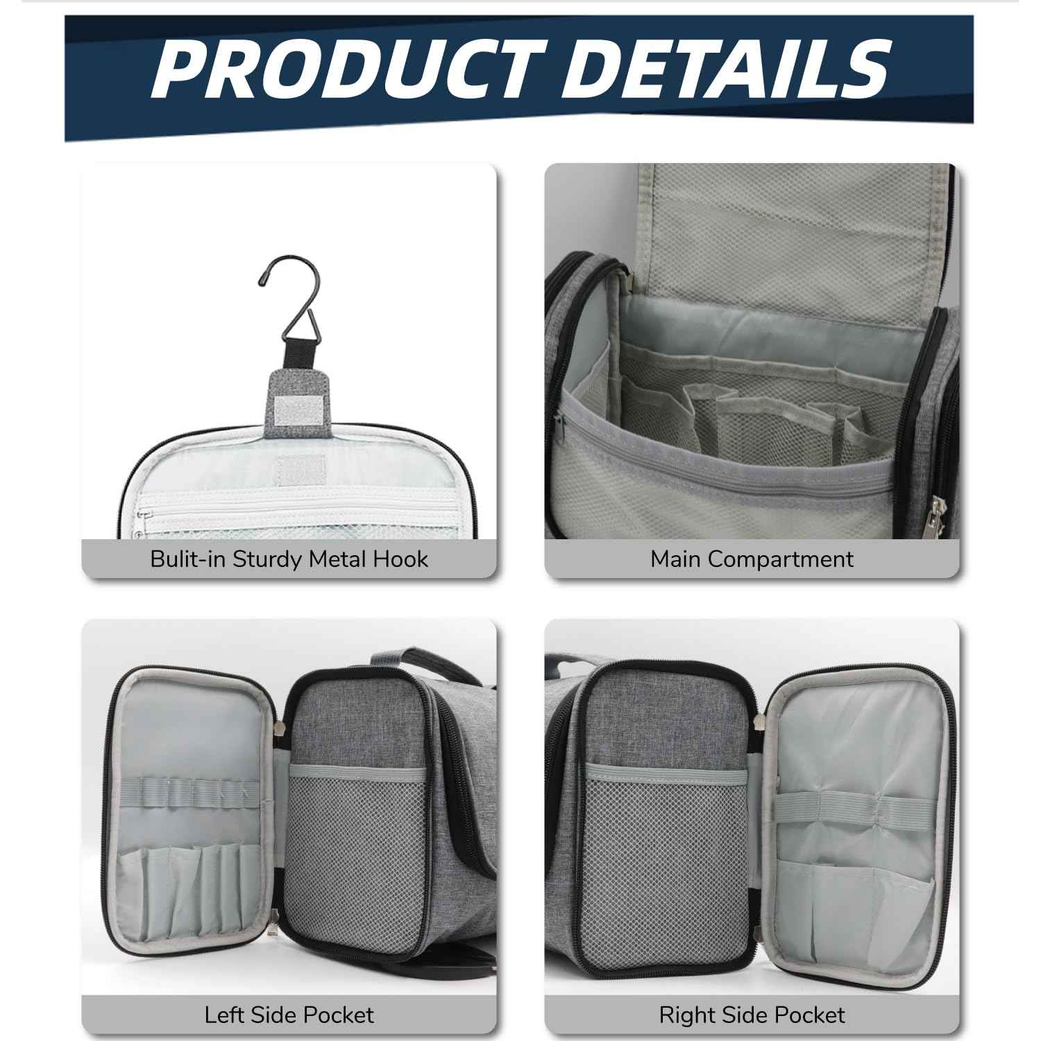 Buruis Large Capacity Toiletry Bag for Women and Men, Hanging Toiletry Organizer Cosmetics Makeup Bag, Water-resistant Dopp Kit Shaving Bags for Full Sized Toiletries, Travel Essentials (Oxford Gray)