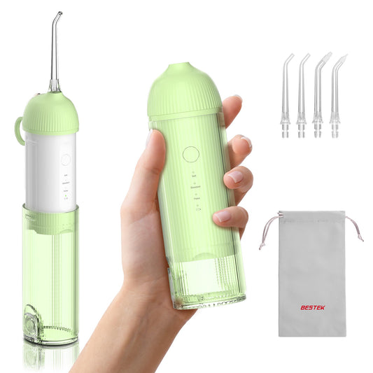 BESTEK Water Dental Flosser Teeth Pick: Cordless Portable Oral Irrigator with 4 Jet Tips, Rechargeable IPX7 Waterproof Water Flosser for Teeth, Gums, Braces Care and Travel - Green