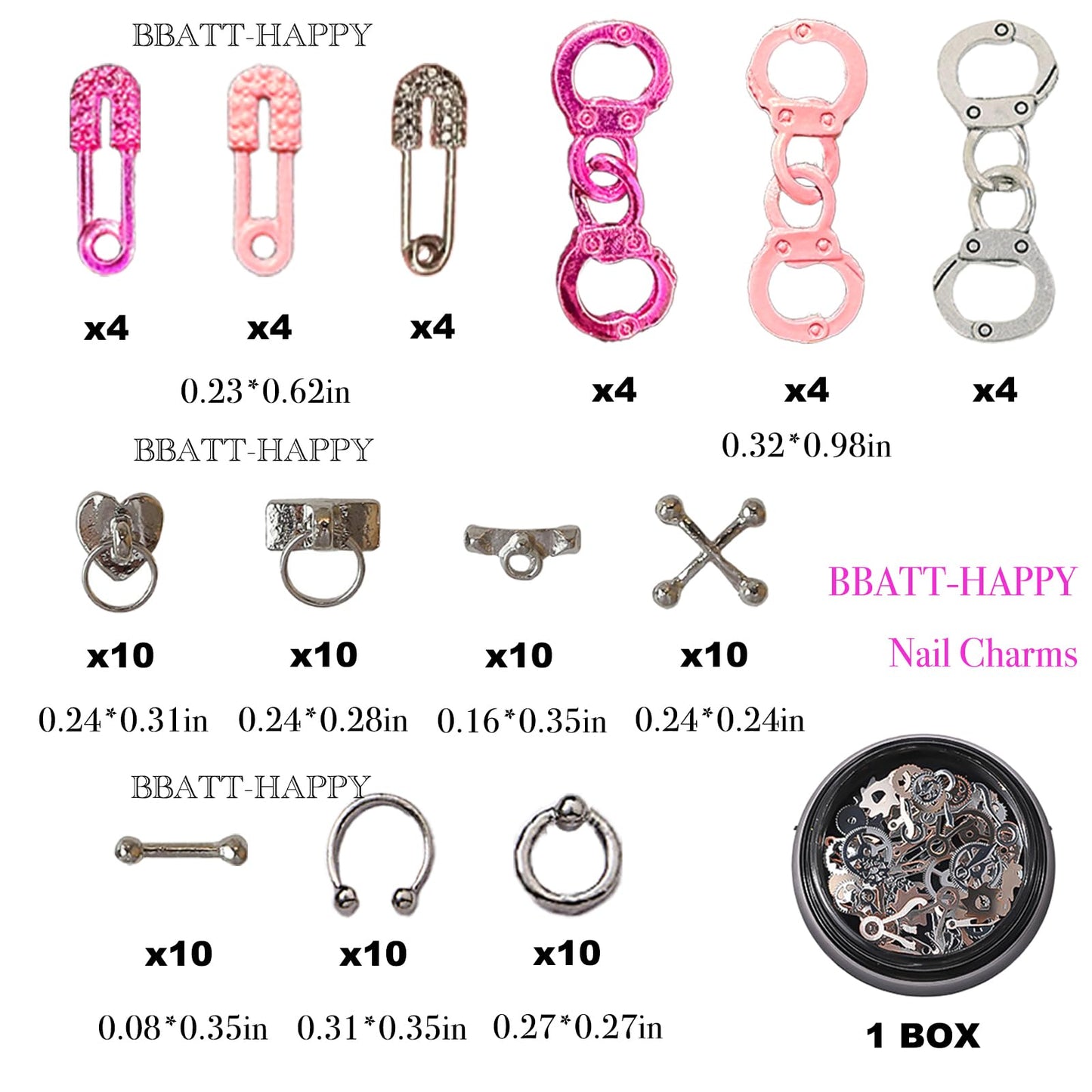 BBATT-HAPPY 144PCS Nail Charms for Acrylic Nails,Silver Star Planet Cross Punk Door Handle Pin Handcuffs Mechanical Parts Alloy Nail Art Accessories,Nail Jewels for Nail Art Supplies Craft DIY