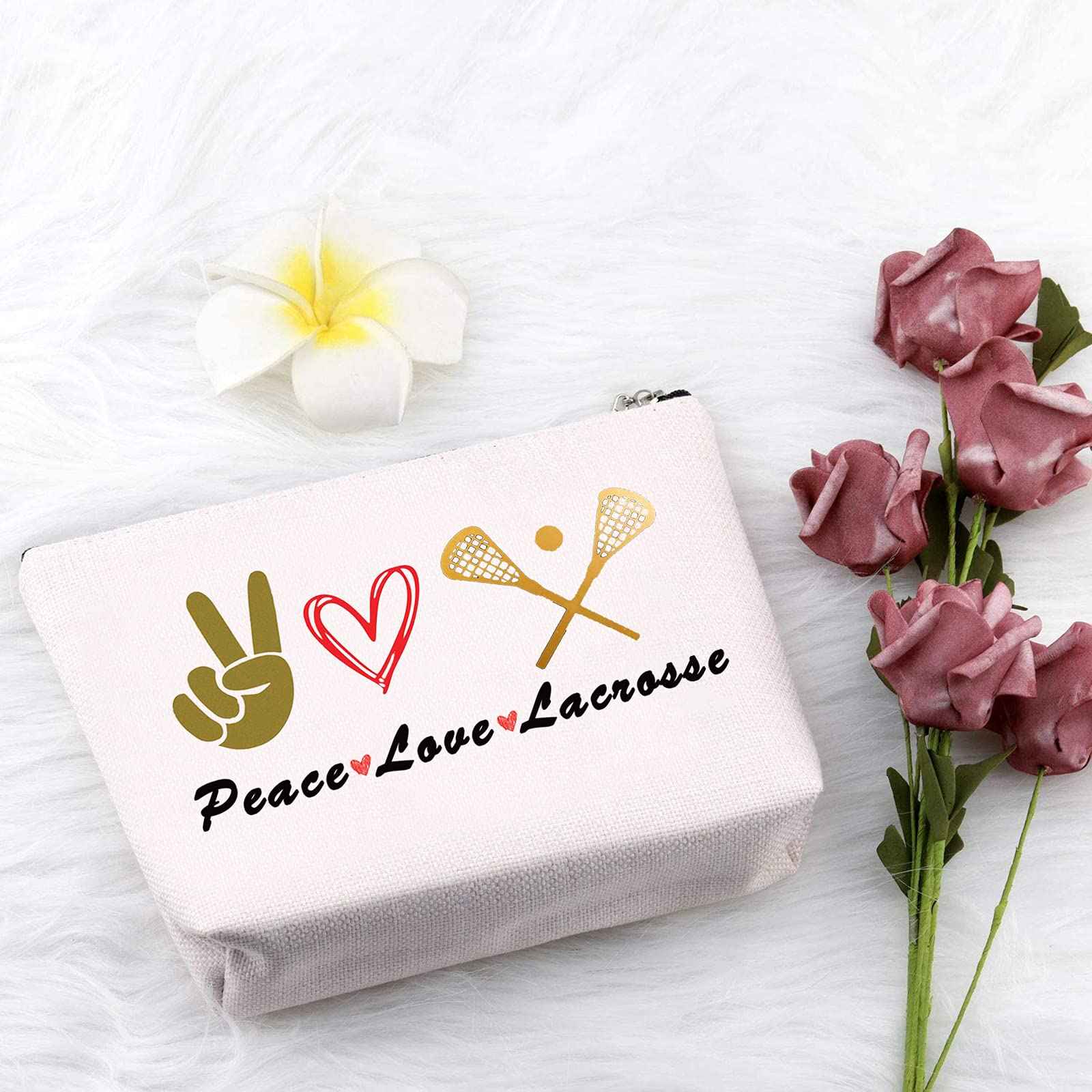 PXTIDY LAX Lacrosse Gifts Peace Love Lacrosse Makeup Bag Lacrosse Player Cosmetic Bag Gifts for Lacrosse Moms Lacrosse Fans(Beige)