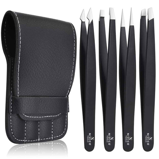 NIVICO Tweezers Set with Leather Pouch – Professional Stainless Steel Tweezers for Eyebrows Precision Facial Ingrown Hair Removal (Black)