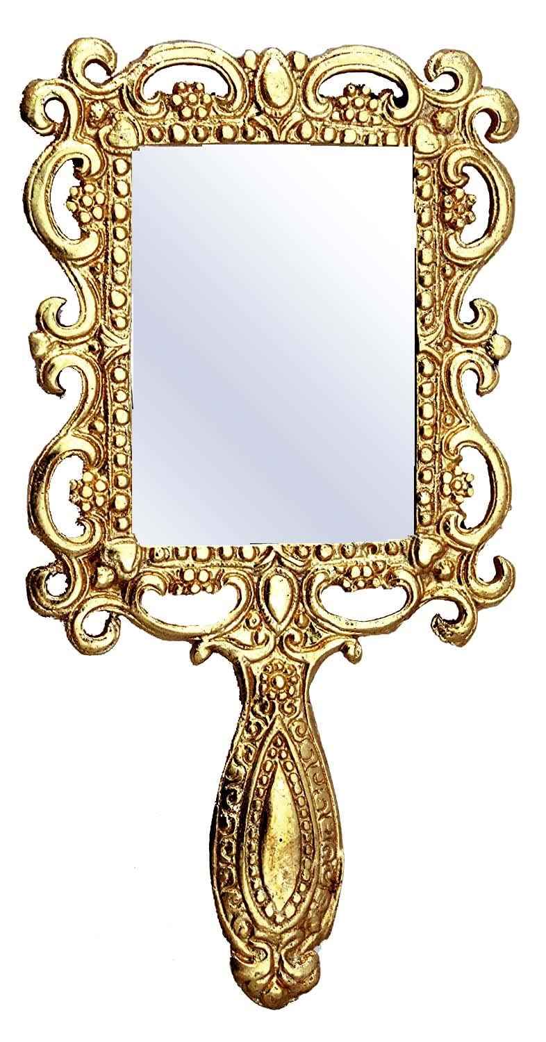 KridayKraft Beautifully Carved Square Shape Gold Plating Metal Hand Mirror for Makeup, Travelling, Salon Mirror & Decorative Antique Item, Framed