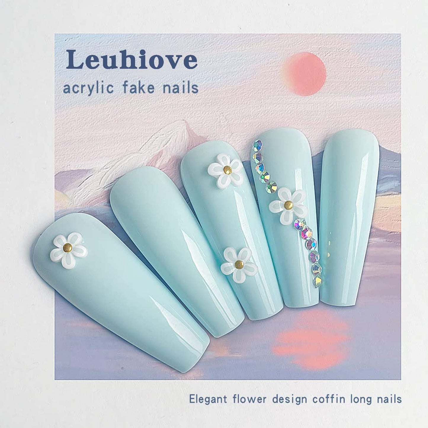 24Pcs Blue Press on Nails Short Leuhiove Matte Fake Nails with hologram Rhinestones Strobe Design Short False Nails with Glue on Nails Acrylic Nails Decoration Stick on Nails for Women Girls