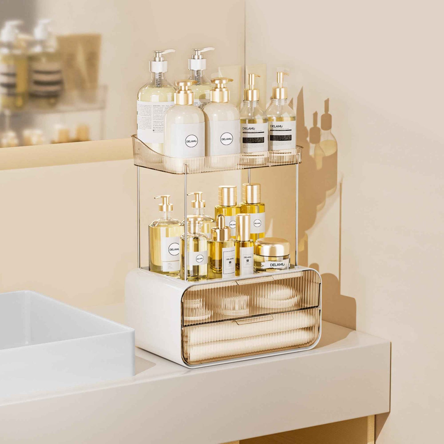 Delamu Bathroom Counter Organizer 2-Drawers 2-Tier Acrylic Makeup Organizer for Vanity Countertop, Skincare Perfume Storage, Easy Assembly, Ideal for Women, Bath Linen Sets, Amber
