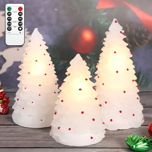 MELTONE Christmas Tree LED Candles: Handmade Carved Real Wax Holiday Flameless Candles with Remote - Home Party Bedroom Xmas Holiday Decorations - Set of 3