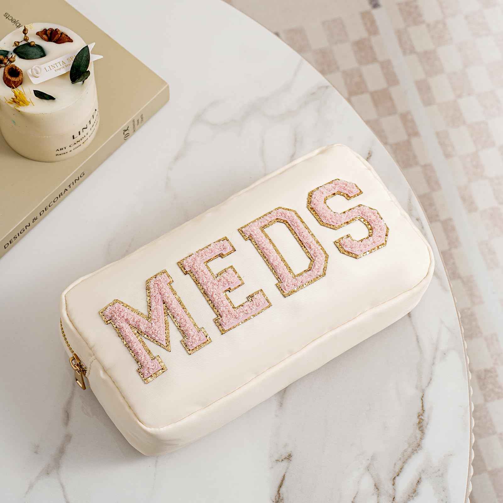 2pcs Personalized Chenille Letter Patch MEDS and RX Bags Set,Cute Nylon Drug Medicine Travel Makeup Bag with Zipper, Preppy Vitamin Organizer Bag for Women and Girls (RX+MEDS Beige)