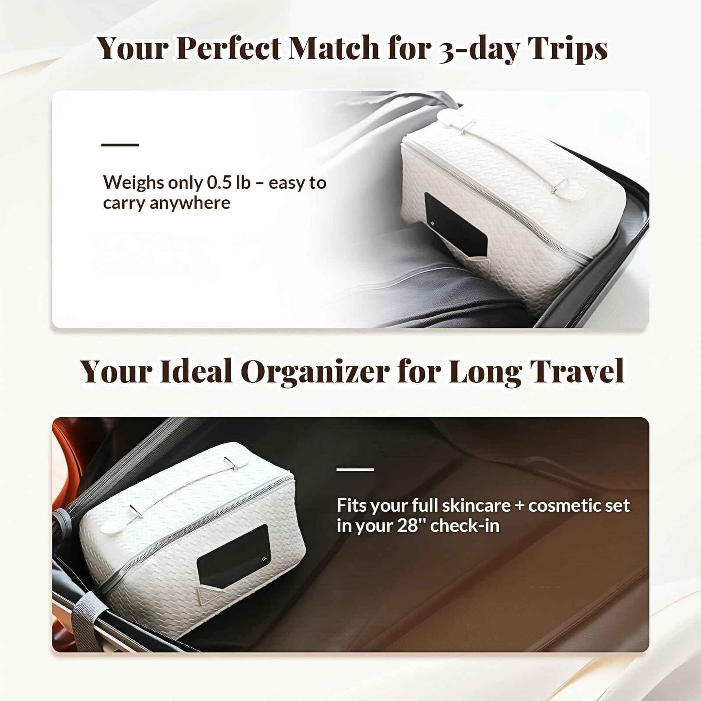 Dogman's Cloud Club Large Checkered Travel Makeup Bag with Mirror – White Plastic Toiletry Bag with 3 Compartments, 4 Side Pouches, Hanging Cosmetic Bag for Skincare, Brides, and Gifts, Easy to Clean