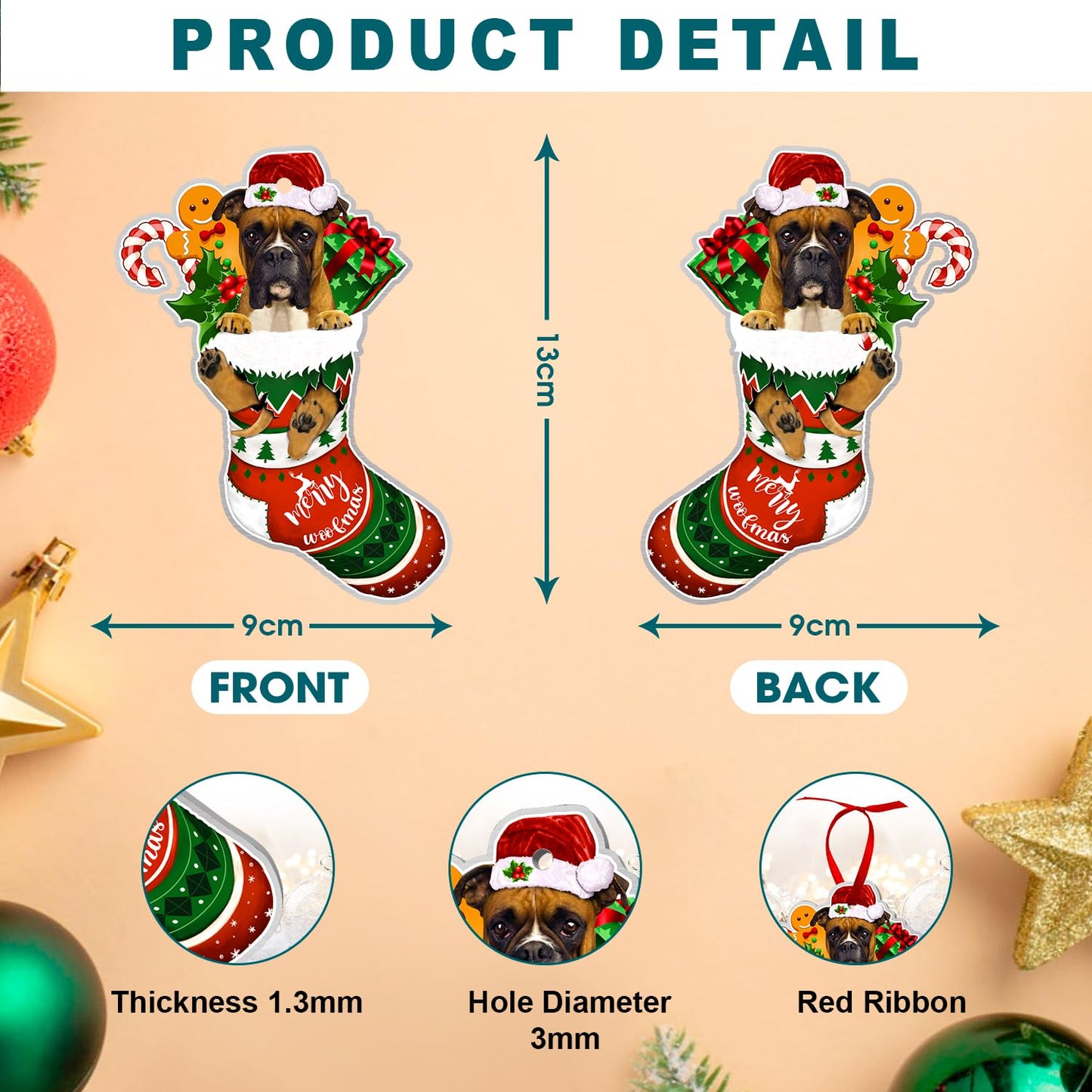 COUPLE FOX Boxer Dog Ornaments Christmas Tree, Boxer Red Sock Aluminum Ornament (NOT 3D), Christmas Decoration 2023 for Boxer Lovers, Dog Mom, Dog Dad, Pet Lovers