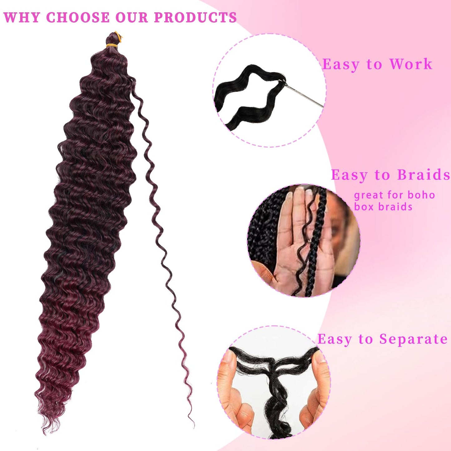 Curly Braiding Hair 24 Inch 6 Packs Ombre Burgundy Ocean Wave Crochet Hair Wet and Wavy Braiding Hair Crochet Hair for Black Women