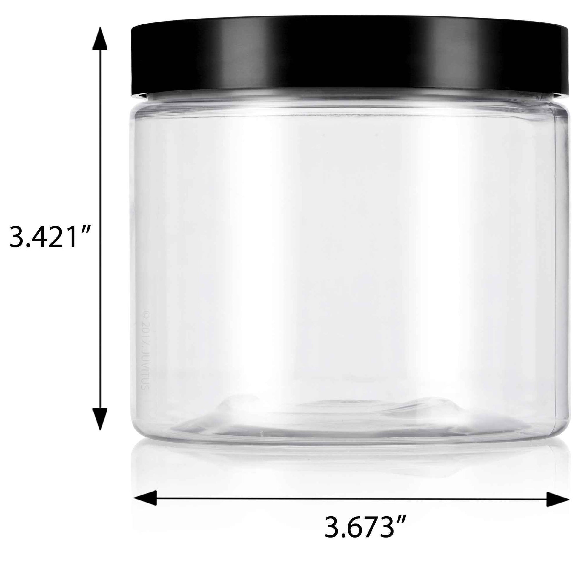 JUVITUS 16 oz Clear PET Plastic Refillable Jar with Black Smooth Lid (12 pack) + Labels