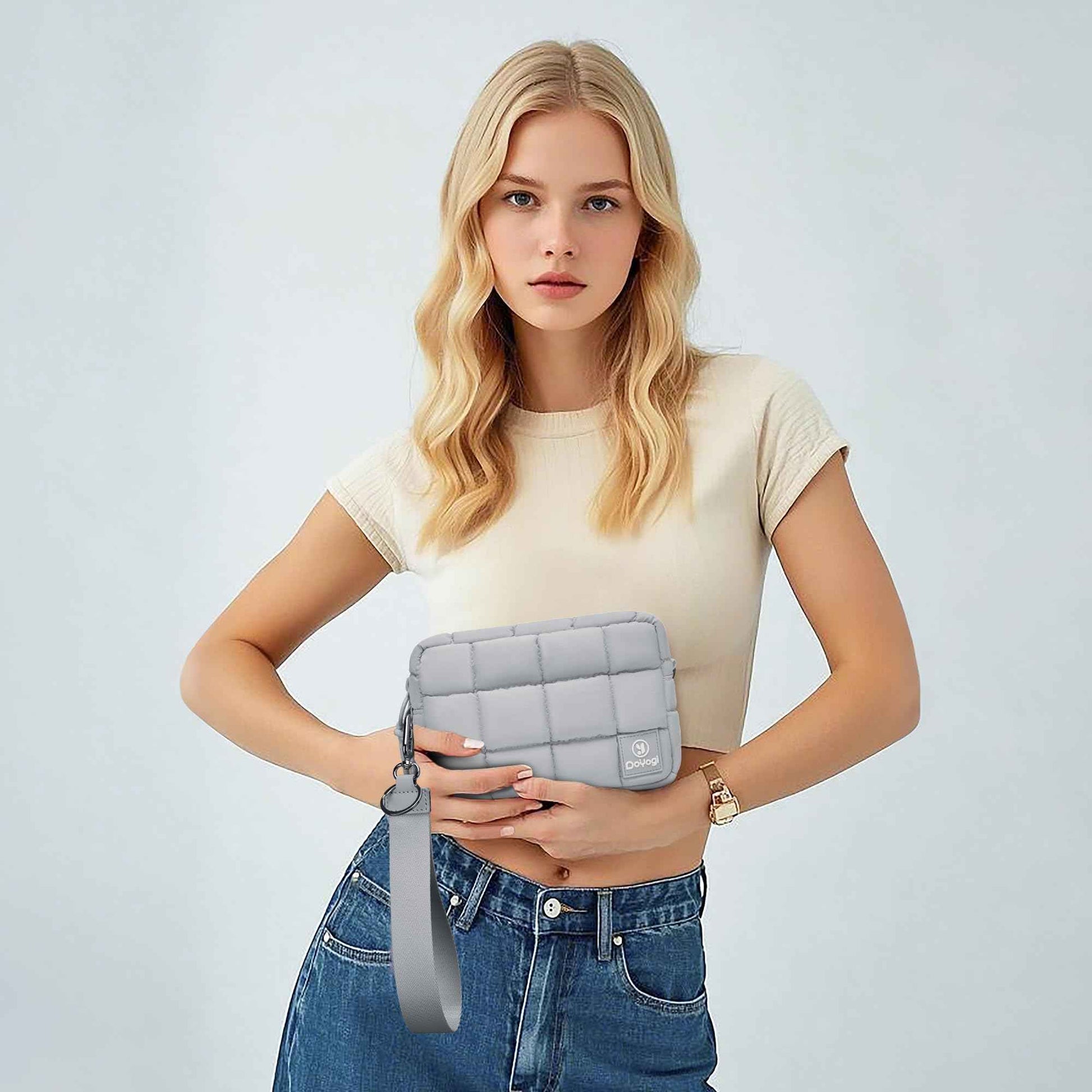 DOYOGI Quilted Cosmetic Bag, Puffer Makeup Bags, Crossbody Purses for women,Cute Travel Toiletry Bag for Women (Grey)