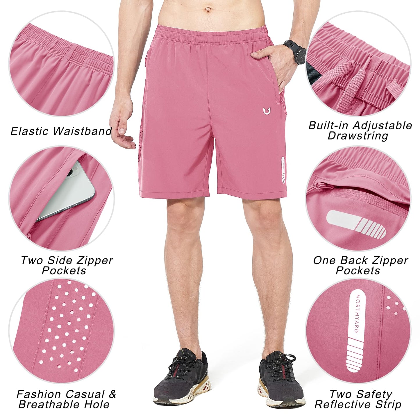 NORTHYARD Men's Athletic Running Shorts Quick Dry Workout Shorts 7"/ 5"/ 9" Lightweight Sports Gym Basketball Shorts Hiking Exercise POWDERPINK S