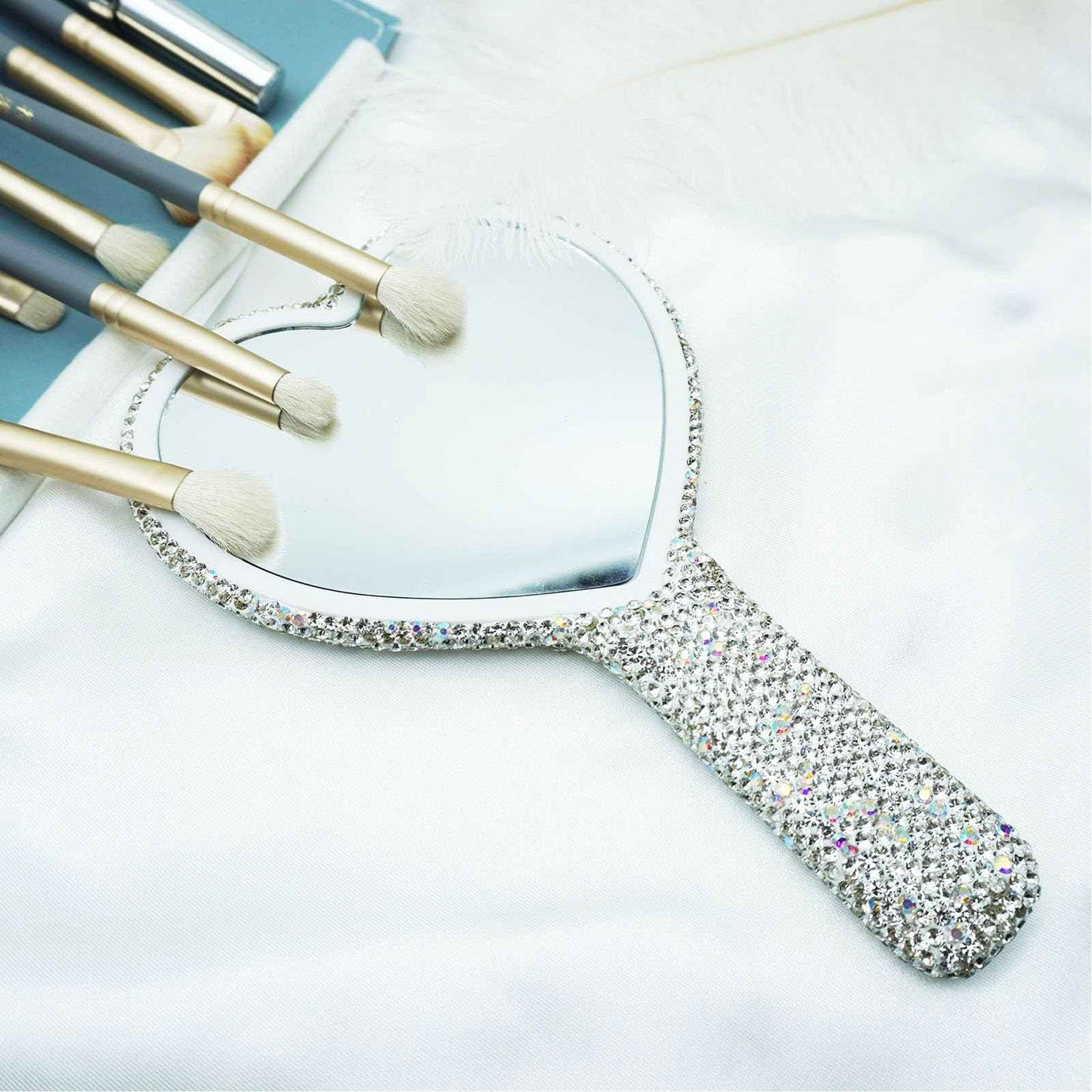 Frinnovan Large Rhinestone Handheld Mirror Heart Bling Glitter Cosmetic Dazzling Portable Hand Mirrors with Handle for Women Wedding Silver White
