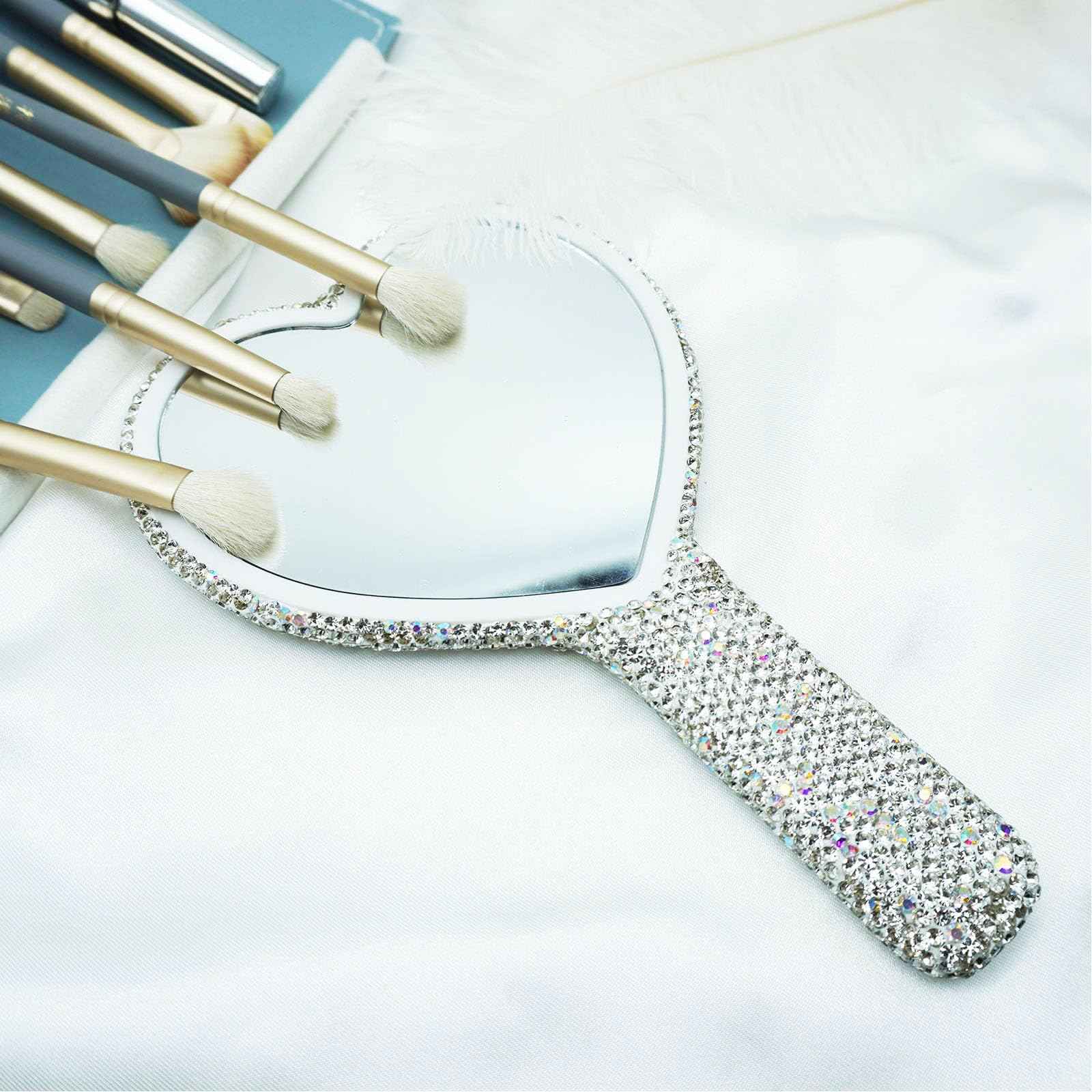 Frinnovan Large Rhinestone Handheld Mirror Heart Bling Glitter Cosmetic Dazzling Portable Hand Mirrors with Handle for Women Wedding Silver White