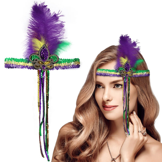 Ceoyiler Mardi Gras Feather Headband for Women's Masquerade Headdress with Sequins