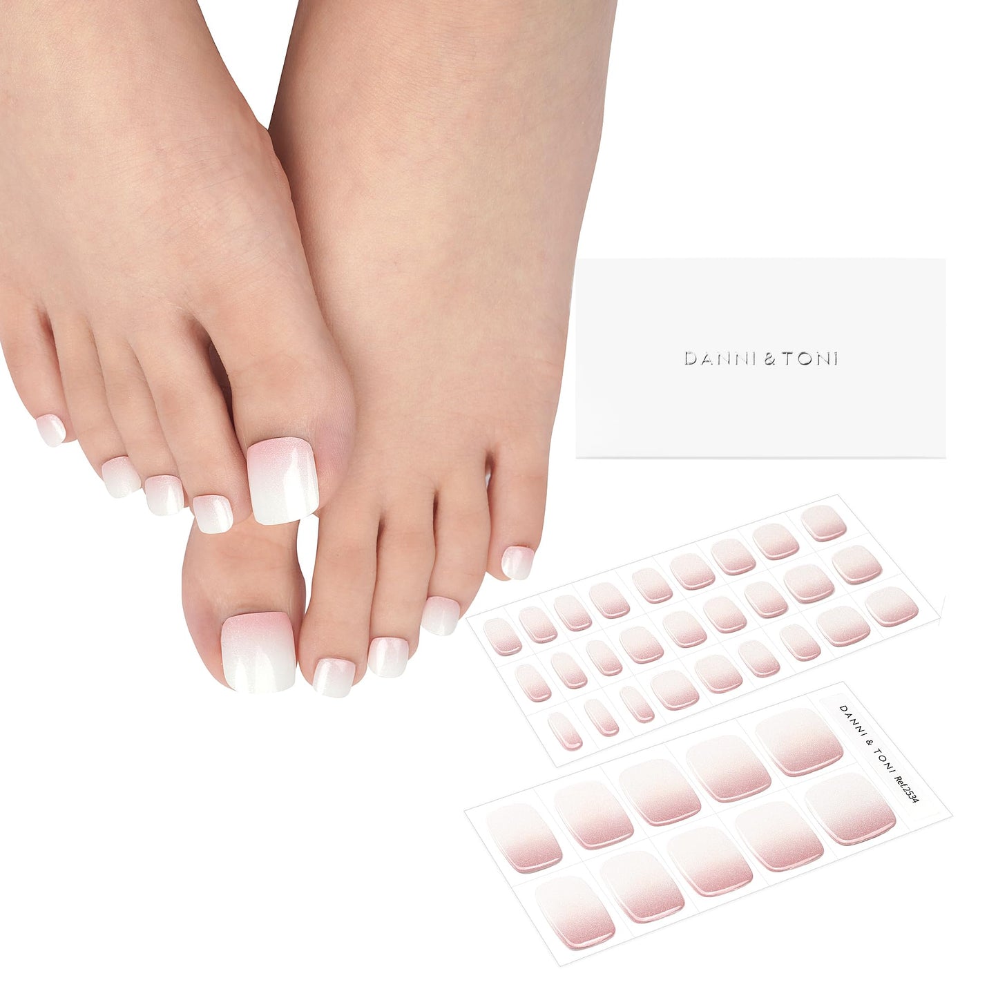 DANNI & TONI Semi Cured Gel Toenail Strips Pink and White Ombre (Aria) Gel Toenail Stickers French Gel Pedi Wraps 37 Stickers