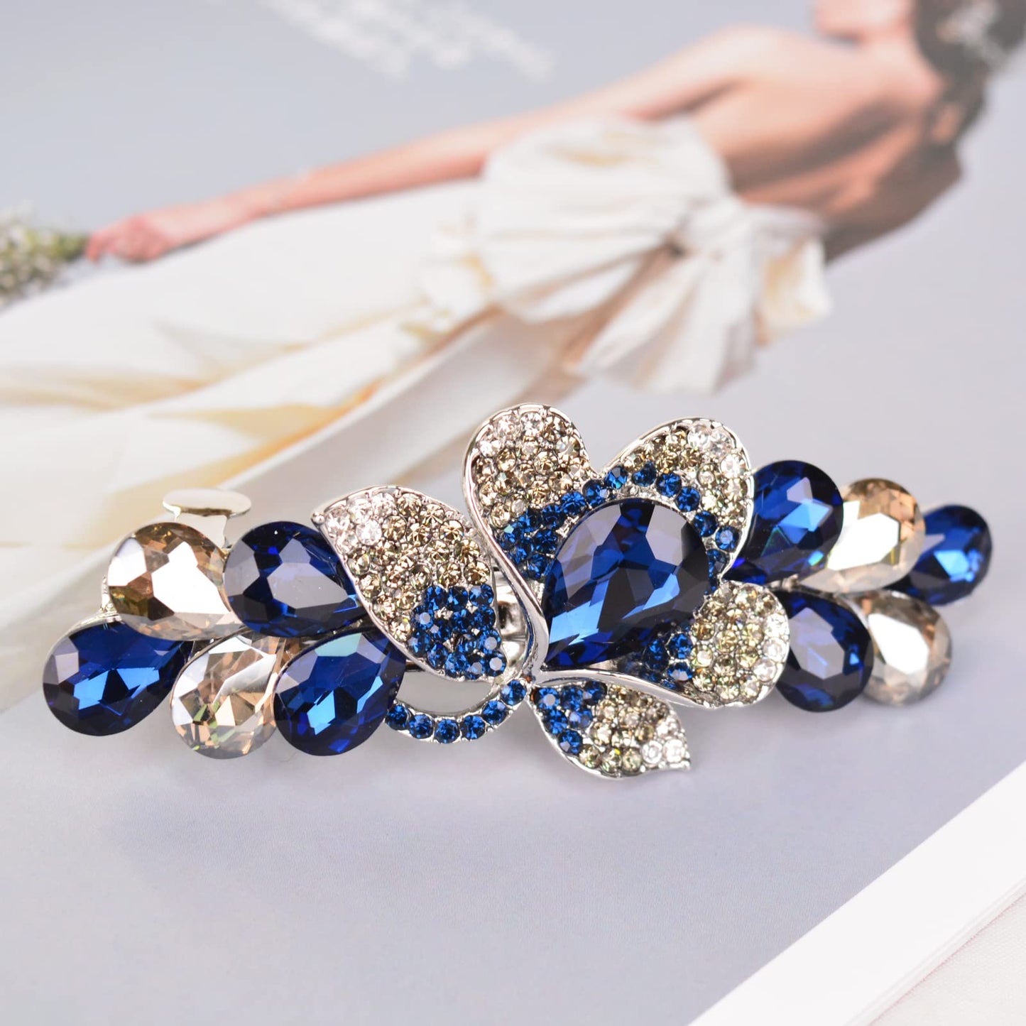 Sankuwen Flower Luxury Jewelry Design Hairpin Rhinestone Hair Barrette Clip(Style C,Deep Blue)