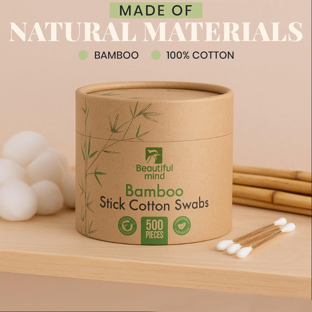 Natural Bamboo Cotton Swabs for Ears – 500 Pack – Qtips with Carbonized Bamboo for Durability – Eco-Friendly, Biodegradable & Vegan – 100% Cotton Ear Swabs Organic for Makeup (Drawer Box)