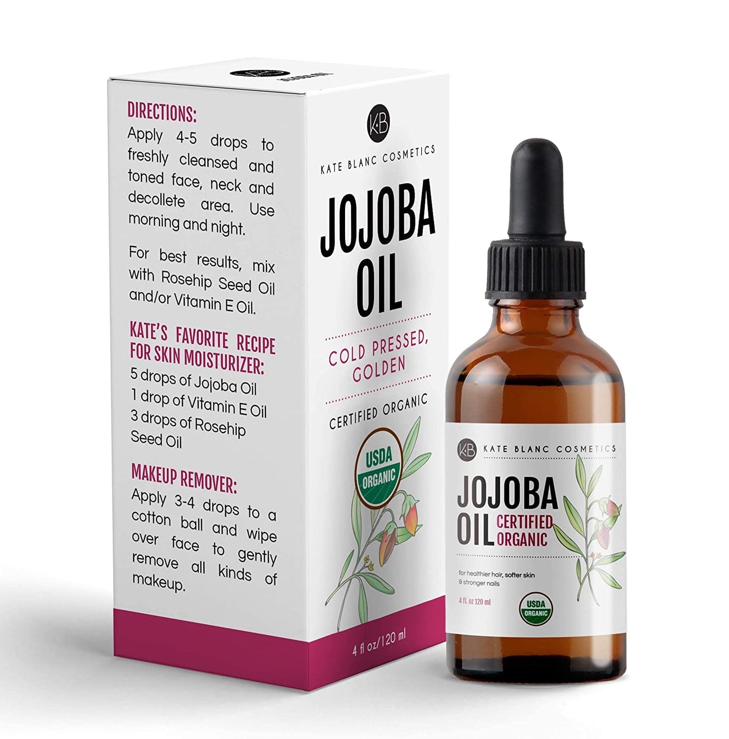 Kate Blanc Cosmetics Jojoba Oil for Hair Growth, Skin & Face (2oz) Facial Oil for Gua Sha Massage. 100% Pure & Natural Hair Oil Moisturize Nails, Ear, Scalps, Cuticles