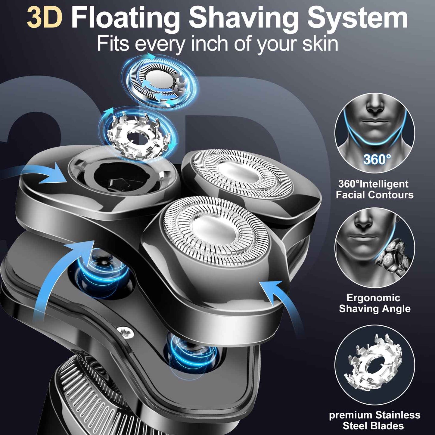 Electric Razor for Men,Upgrade Men’s Electric Shavers Rotary LED Display/Waterproof/Rechargeable, Shaver for Men Cordless Floating Head Replaceable Blades