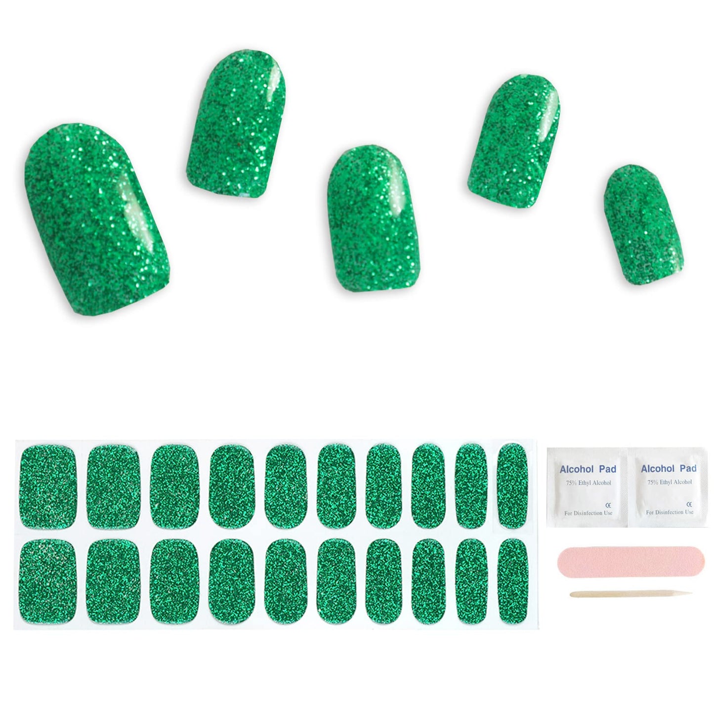 ACROIN Semi Cured Gel Nail Strips Nail Wraps 20 Stickers Need Cured, Salon-Quality, Long Lasting, Easy to Apply & Remove, Includes Cleaning Pad, Nail File, Wooden Stick - Sparkling Green