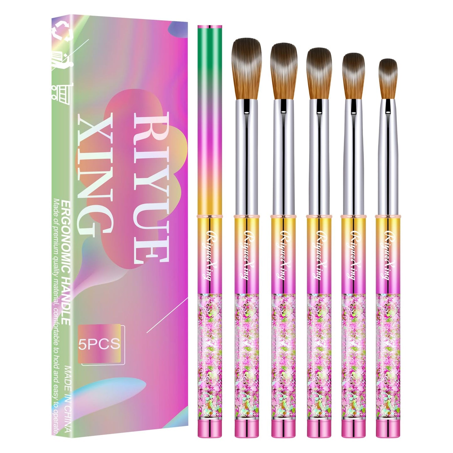 5PCS Acrylic Nail Brush Set, 6/8/12/14/16. Kolinsky Nail Art Brushes for Acrylic Application, Sturdy Handle Oval Shaped Acrylic Powder Nail Design Tools for Professional Manicure DIY Home