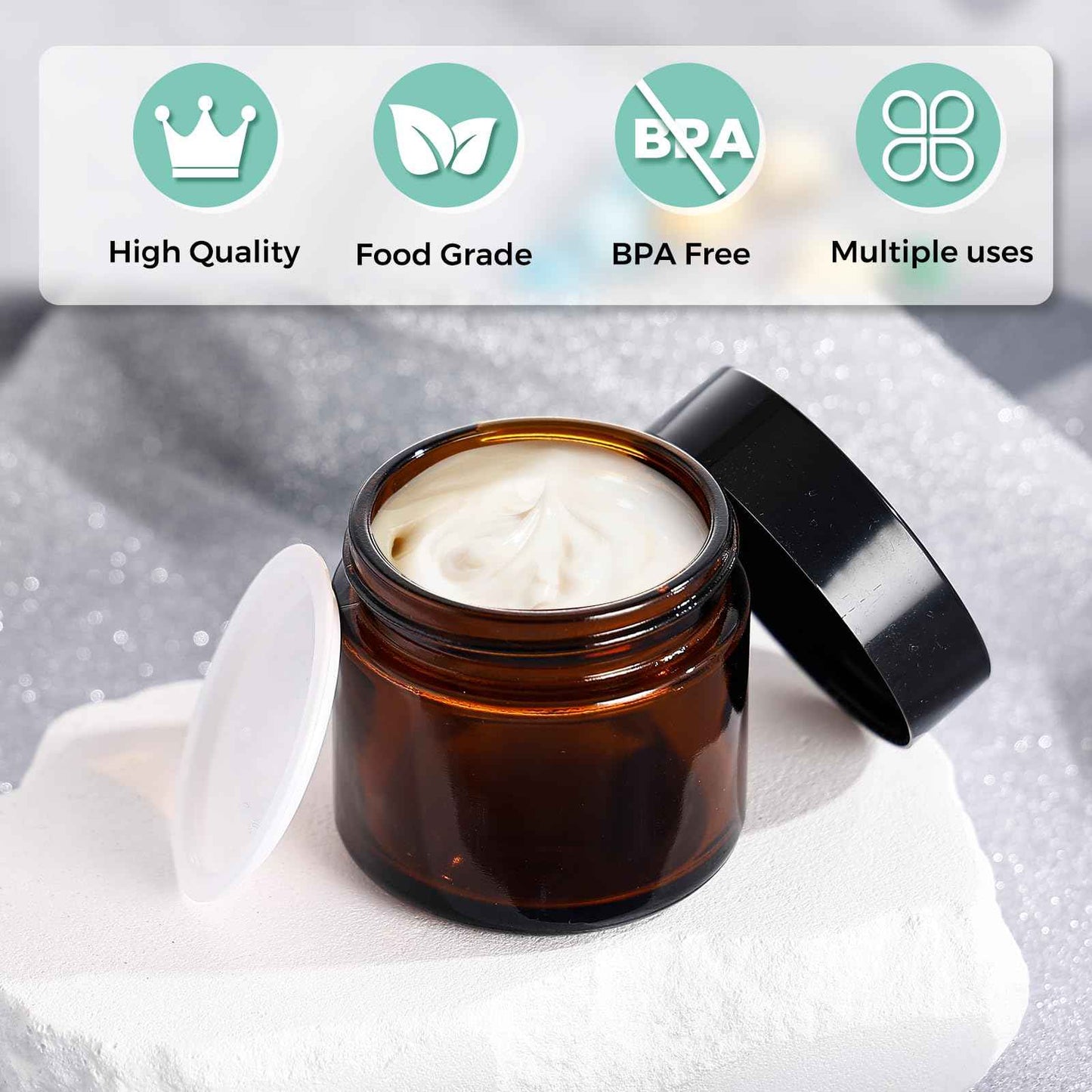 Jarsoph Amber Glass Jars with lids, 24 Pack 2oz Empty Cosmetic Jars, Refillable Airtight Wide Mouth Container for DIY, Sample, Cream, Lotion, Candle Making, Powder, Cosmetic