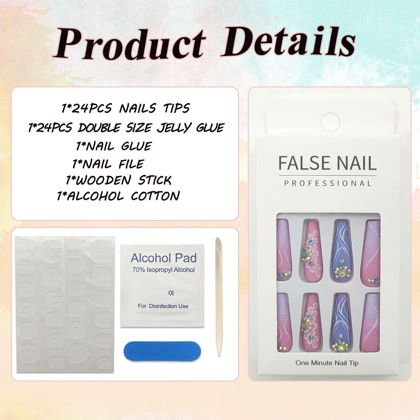 Coffin Press on Nails Long Petal Glue on Nails Swirls Fake Nails Pink & Purple Full Cover Acrylic Nails Matte False Nails with Rhinestones Designs Ombre Stick on Nails for Women 24Pcs