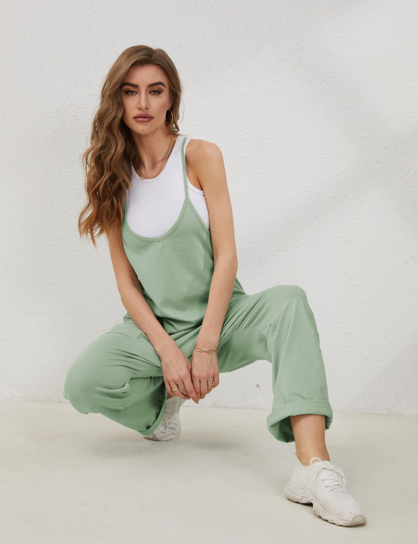 Lentta Women's Causal Jumpsuits V Neck Sleeveless Harem Overalls Stretchy Adjustable Strap Romper with Pockets(PeaGreen-S)