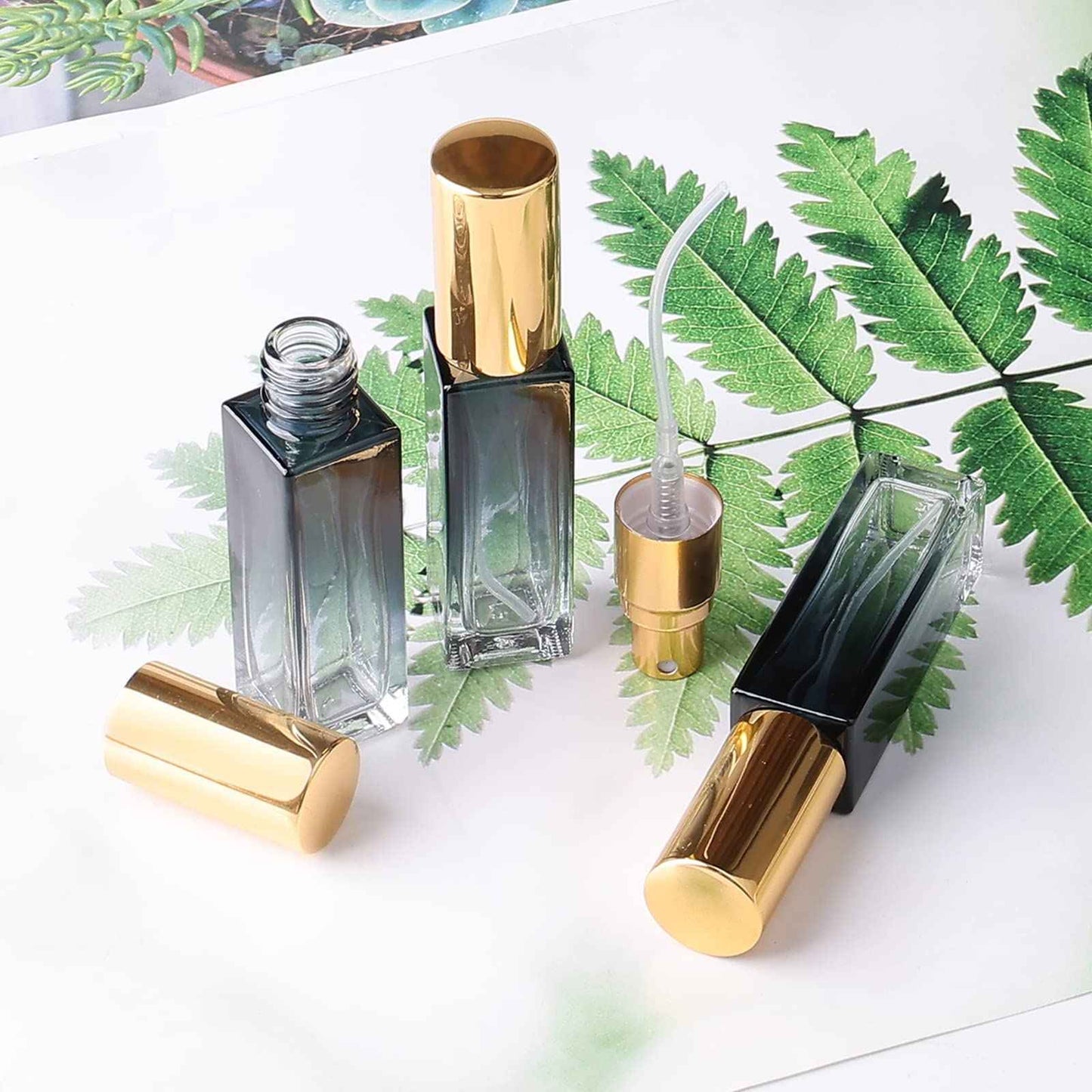 Newzoll 45pcs 10ml Mini Square Spray Bottle Glass Empty Spray Refillable Perfume Bottle Fine Mist Liquid Dispenser for Makeup Skin Care (Gold Cap)